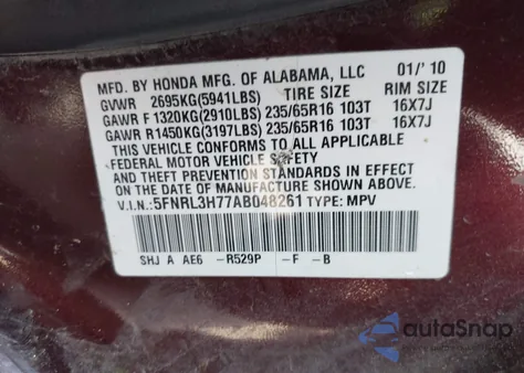 2010 Honda Odyssey Ex-L z USA, uszkodzony, nr VIN 5FNRL3H77AB048261